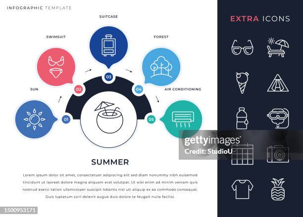 infographic template and summer line icon set - sunbed pool stock illustrations