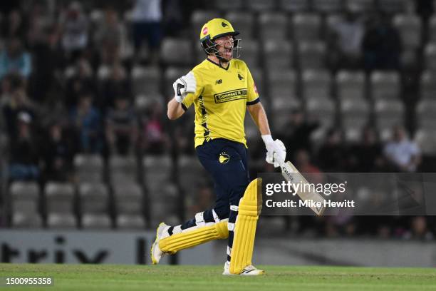 Liam Dawson of Hampshire celebrates after hitting the winning runs in the Vitality Blast T20 between Hampshire Hawks and Essex Eagles at Ageas Bowl...