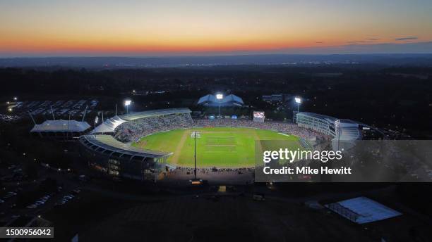 Aerial view as the sun sets during the Vitality Blast T20 between Hampshire Hawks and Essex Eagles at Ageas Bowl on June 23, 2023 in Southampton,...