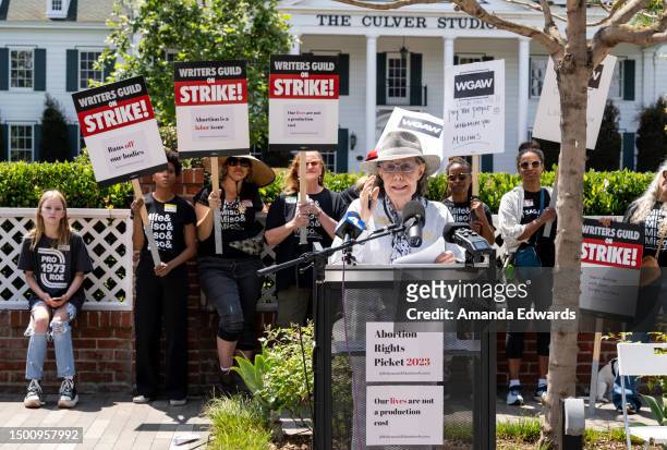 Actress Lily Tomlin attends the Showrunners For Abortion Rights rally at a WGA Picketing Line at Amazon Studios on June 23, 2023 in Culver City,...