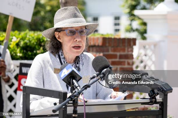 Actress Lily Tomlin attends the Showrunners For Abortion Rights rally at a WGA Picketing Line at Amazon Studios on June 23, 2023 in Culver City,...