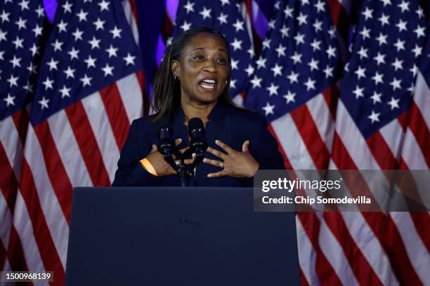 Emily's List President Laphonza Butler address a Biden-Harris campaign rally on the first anniversary of the Supreme Court's Dobbs v. Jackson...