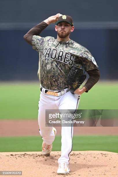 Joe Musgrove of the San Diego Padres pitches during a baseball game against the Tampa Bay Rays at Petco Park on June 18, 2023 in San Diego,...