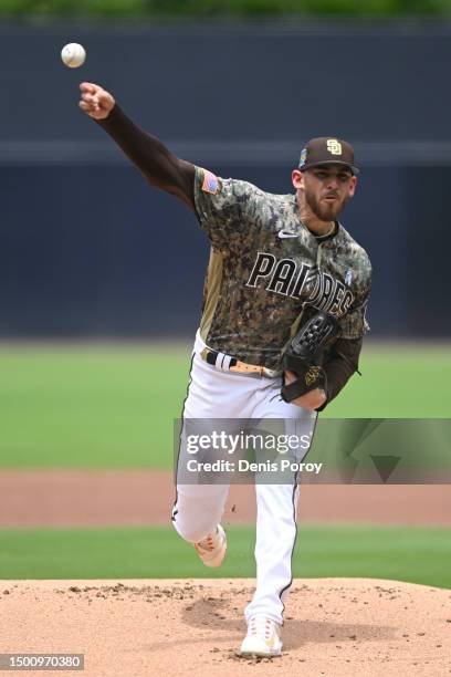 Joe Musgrove of the San Diego Padres pitches during a baseball game against the Tampa Bay Rays at Petco Park on June 18, 2023 in San Diego,...