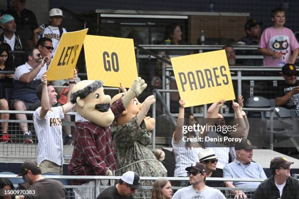 San Diego Padres fans cheer during a baseball game against the Tampa Bay Rays at Petco Park on June 18, 2023 in San Diego, California.