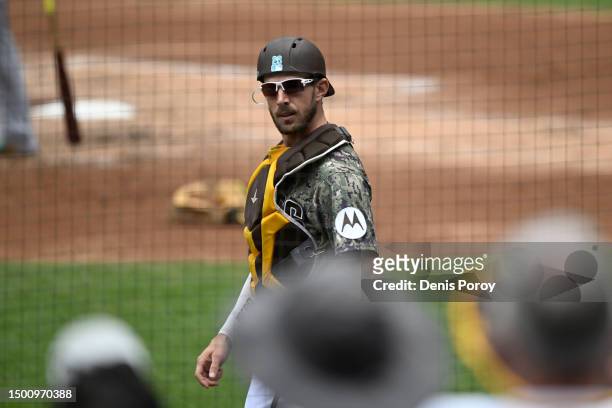 Austin Nola of the San Diego Padres looks on during a baseball game against the Tampa Bay Rays at Petco Park on June 18, 2023 in San Diego,...