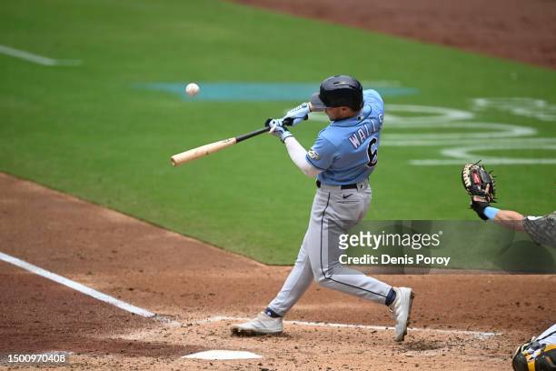 Taylor Walls of the Tampa Bay Rays bats during a baseball game against the San Diego Padres at Petco Park on June 18, 2023 in San Diego, California.