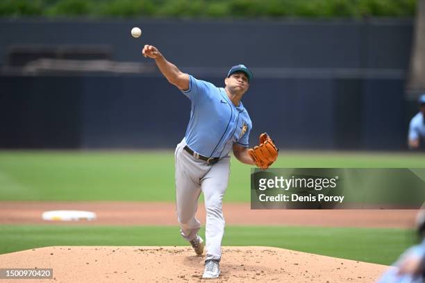 Yonny Chirinos of the Tampa Bay Rays pitches during a baseball game against the San Diego Padres at Petco Park on June 18, 2023 in San Diego,...