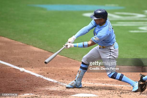 Wander Franco of the Tampa Bay Rays bats during a baseball game against the San Diego Padres at Petco Park on June 18, 2023 in San Diego, California.