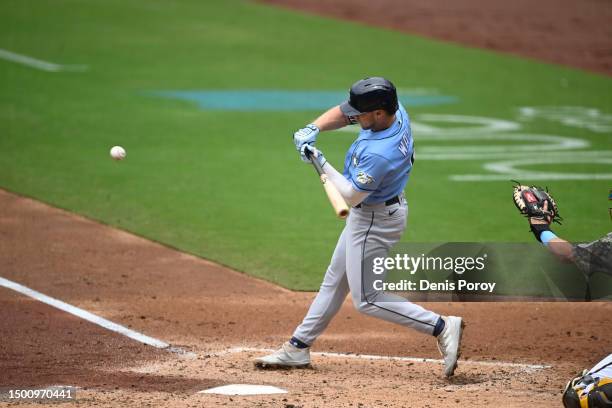 Taylor Walls of the Tampa Bay Rays bats during a baseball game against the San Diego Padres at Petco Park on June 18, 2023 in San Diego, California.