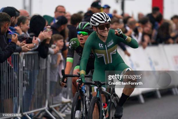 Rider Megan Barker reacts after winning the Women’s British National Road Championships circuit race on June 23, 2023 in Redcar, England. The circuit...