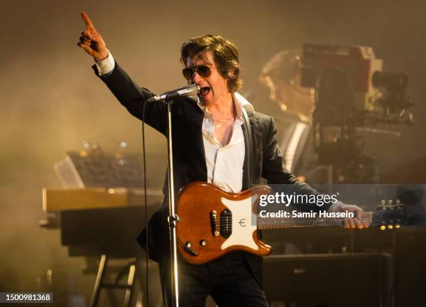Alex Turner of Arctic Monkeys performs as the band headline the Pyramid Stage at Day 3 of Glastonbury Festival 2023 on June 23, 2023 in Somerset,...