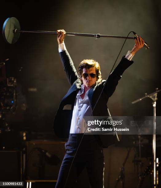 Alex Turner of Arctic Monkeys performs as the band headline the Pyramid Stage at Day 3 of Glastonbury Festival 2023 on June 23, 2023 in Somerset,...