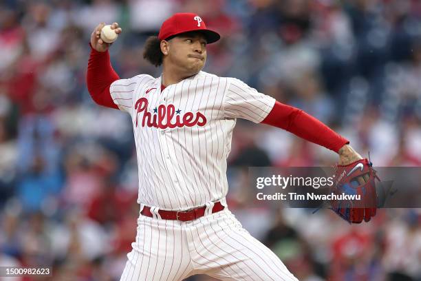 Taijuan Walker of the Philadelphia Phillies pitches during the first inning against the New York Mets at Citizens Bank Park on June 23, 2023 in...