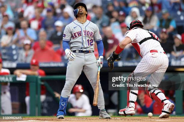 Francisco Lindor of the New York Mets reacts following a strike out during the first inning against the Philadelphia Phillies at Citizens Bank Park...