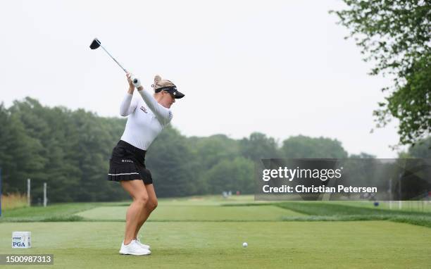 Part of a swing sequence; Charley Hull of England plays a tee shot on the seventh hole during the second round of the KPMG Women's PGA Championship...