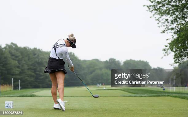 Part of a swing sequence; Charley Hull of England plays a tee shot on the seventh hole during the second round of the KPMG Women's PGA Championship...