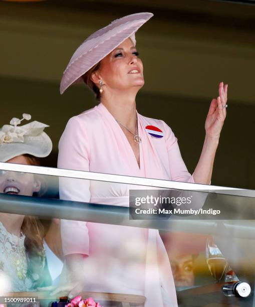 Sophie, Duchess of Edinburgh reacts as she watches the racing on day four of Royal Ascot 2023 at Ascot Racecourse on June 23, 2023 in Ascot, England.