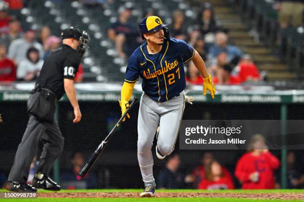 Willy Adames of the Milwaukee Brewers runs after hitting a solo home run during the ninth inning against the Cleveland Guardians at Progressive Field...