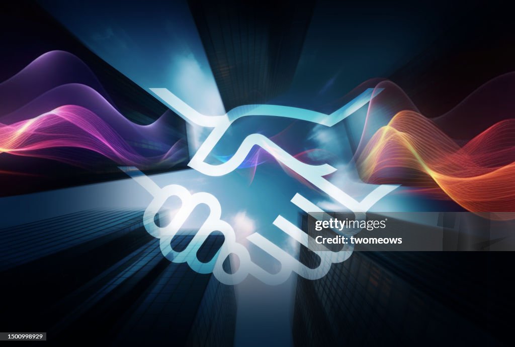 Business theme graphic overlay image. Graphic hands shaking in a business agreement against a cityscape background.
