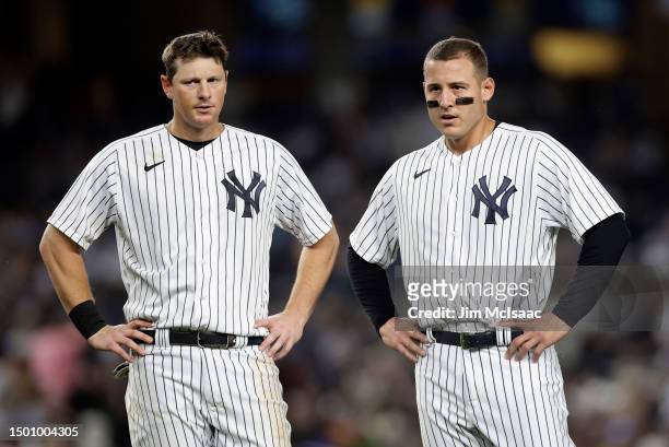 LeMahieu and Anthony Rizzo of the New York Yankees look on after the seventh inning against the Texas Rangers at Yankee Stadium on June 23, 2023 in...