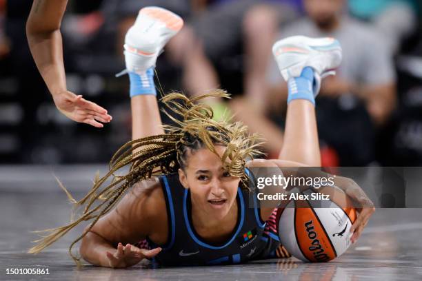 Haley Jones of the Atlanta Dream goes after a loose ball against the New York Liberty during the second half at Gateway Center Arena on June 23, 2023...