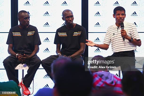 Emmanuel Mutai, Wilson Kipsang of Kenya and Haile Gebrselassie of Ethiopian at the adidas Olympic Media Lounge at Westfield Stratford City on August...