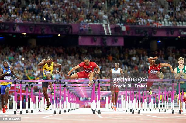 Summer Olympics: USA Aries Merritt and USA Jason Richardson in action during Men's 110M Hurdles Final at Olympic Stadium. Merritt won gold and...