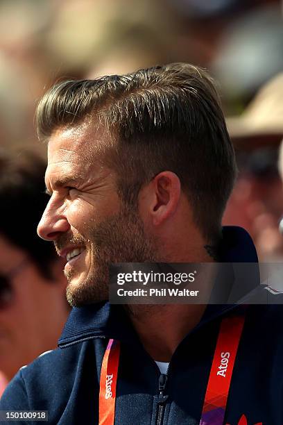 David Beckham watches the racing on Day 14 of the London 2012 Olympic Games at the BMX Track on August 10, 2012 in London, England.