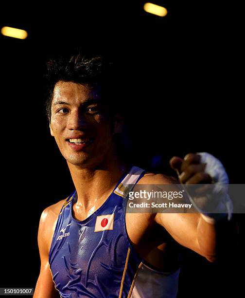 Ryota Murata of Japan reacts after he was declared the winner against Abbos Atoev of Uzbekistan during the Men's Middle Boxing bout on Day 14 of the...
