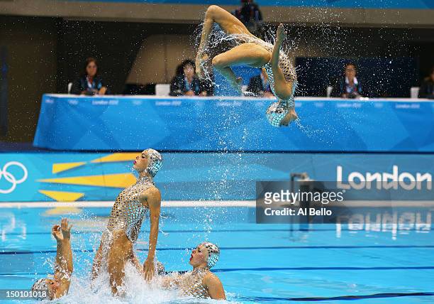 Spain competes in the Women's Teams Synchronised Swimming Free Routine final on Day 14 of the London 2012 Olympic Games at the Aquatics Centre on...