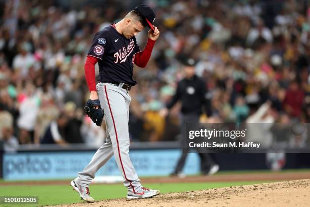 Patrick Corbin of the Washington Nationals reacts after allowing a three-run homeun to Xander Bogaerts of the San Diego Padres during the fifth...