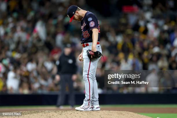 Chad Kuhl of the Washington Nationals reacts after allowing a three-run RBI to Nelson Cruz of the San Diego Padres during the seventh inning of a...