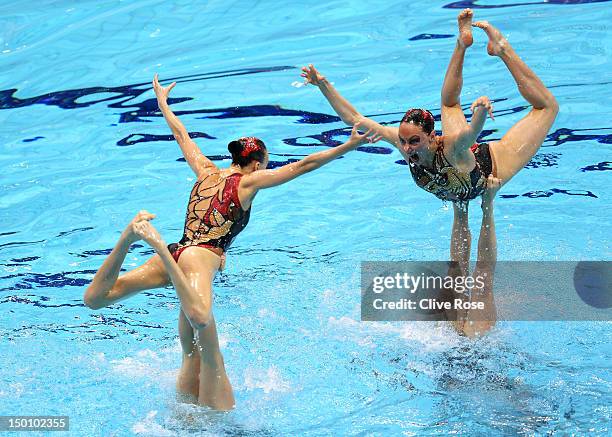 Russia competes in the Women's Teams Synchronised Swimming Free Routine final on Day 14 of the London 2012 Olympic Games at the Aquatics Centre on...