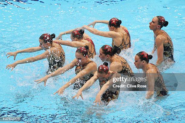 Russia competes in the Women's Teams Synchronised Swimming Free Routine final on Day 14 of the London 2012 Olympic Games at the Aquatics Centre on...