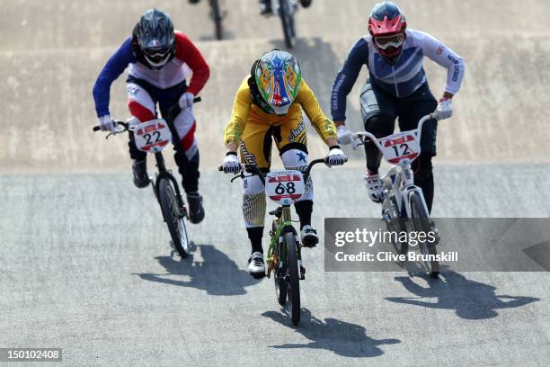 Caroline Buchanan of Australia races in the Women's BMX Cycling Semi Finals on Day 14 of the London 2012 Olympic Games at the BMX Track on August 10,...
