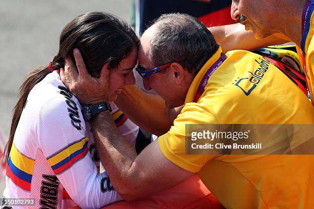 Mariana Pajon of Colombia celebrates winning the Gold medal in the Women's BMX Cycling Final on Day 14 of the London 2012 Olympic Games at the BMX...