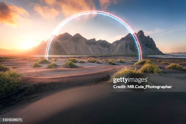 beautiful landscape with lighting line, futuristic technology conceptual - surrealismus stock-fotos und bilder