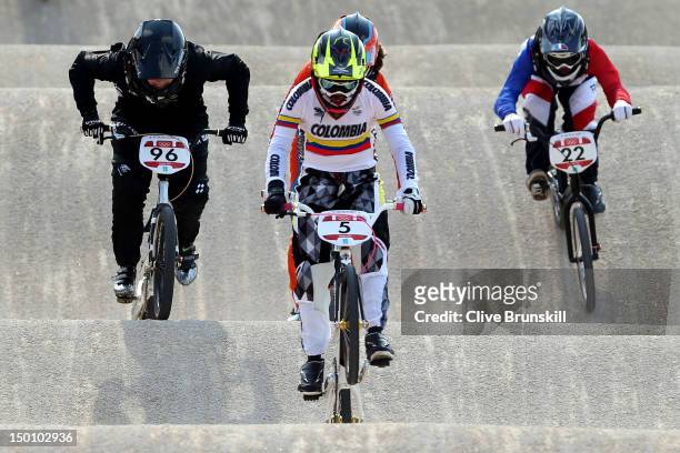 Mariana Pajon of Colombia race to win the Gold medal in the Women's BMX Cycling Final on Day 14 of the London 2012 Olympic Games at the BMX Track on...