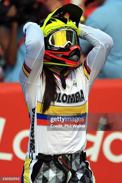 Mariana Pajon of Colombia celebrates winning the Gold medal in the Women's BMX Cycling Final on Day 14 of the London 2012 Olympic Games at the BMX...