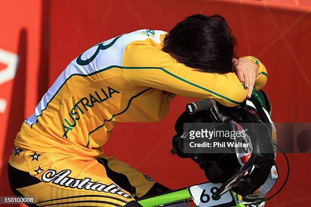 Caroline Buchanan of Australia is dejected after the Women's BMX Cycling Final on Day 14 of the London 2012 Olympic Games at the BMX Track on August...