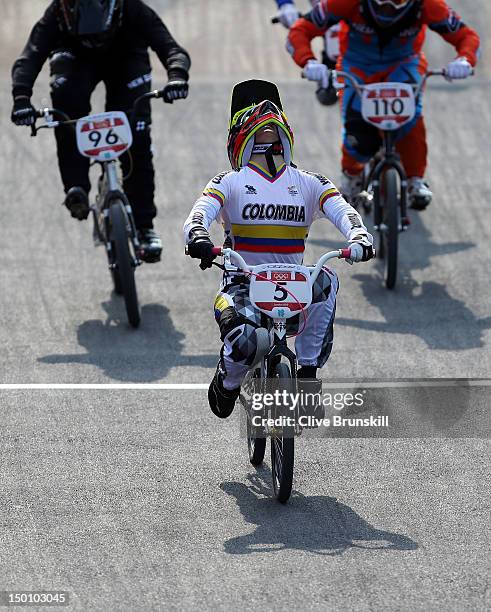 Mariana Pajon of Colombia celebrates winning the Gold medal in the Women's BMX Cycling Final on Day 14 of the London 2012 Olympic Games at the BMX...