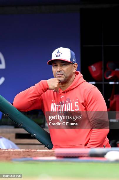 Manager Dave Martinez of the Washington Nationals watches the game in the third inning against the Arizona Diamondbacks at Nationals Park on June 22,...