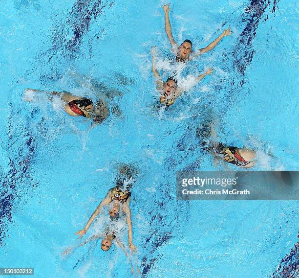 Russia competes in the Women's Teams Synchronised Swimming Free Routine final on Day 14 of the London 2012 Olympic Games at the Aquatics Centre on...