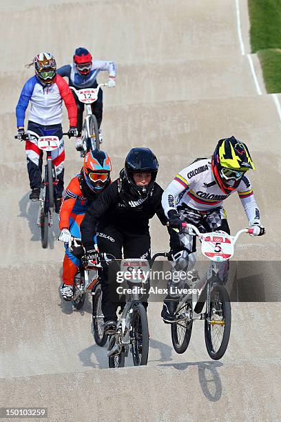 Mariana Pajon of Colombia races ahead of Sarah Walker of New Zealand in the Women's BMX Cycling Final on Day 14 of the London 2012 Olympic Games at...