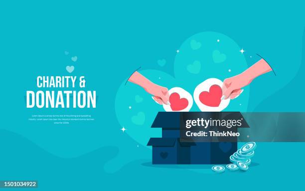 ilustraciones, imágenes clip art, dibujos animados e iconos de stock de concepto de donación y trabajo voluntario - donación benéfica