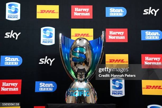 View of the Super Rugby Pacific trophy is seen ahead of the Super Rugby Pacific Final match between Chiefs and Crusaders at FMG Stadium Waikato, on...