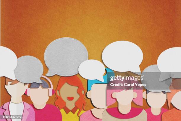 paper craft people talking.bubble speech - speech bubbles stock pictures, royalty-free photos & images