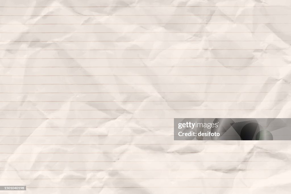 Empty blank white coloured crumpled crushed disposed waste paper horizontal vector backgrounds with folds, wrinkles and creases and faint lined or striped pattern all over with narrow stripes or lines