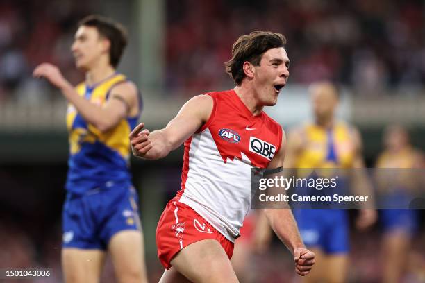 Errol Gulden of the Swans celebrates kicking a goal during the round 15 AFL match between Sydney Swans and West Coast Eagles at Sydney Cricket...
